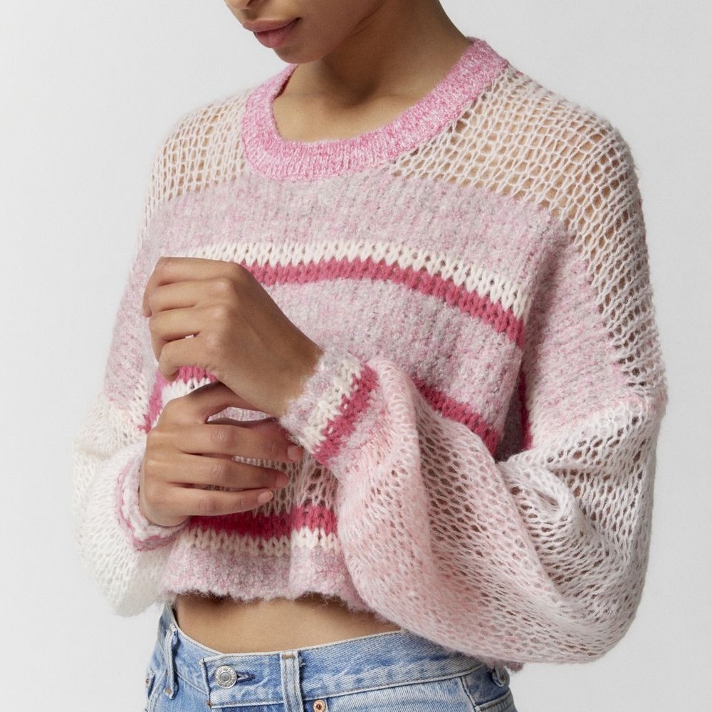 New Kimchi Blue Pink and White Knit Crochet Sweater